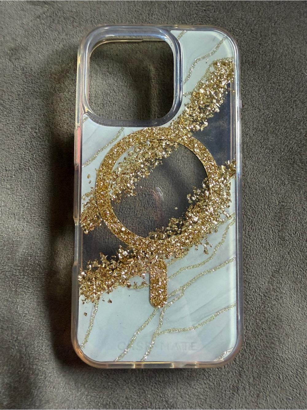 case-mate Clear Phone Case with Gold Glitter Marble Accents. 16Pro
